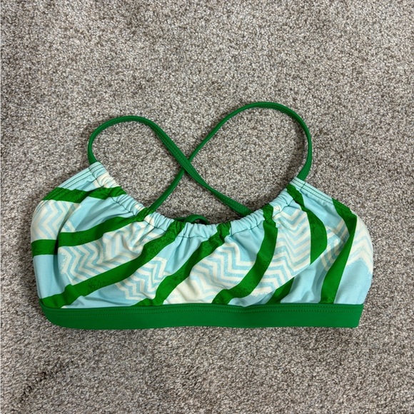 Patagonia Bikini Top Green Blue Striped Size Medium Halter Criss Cross - Picture 1 of 5